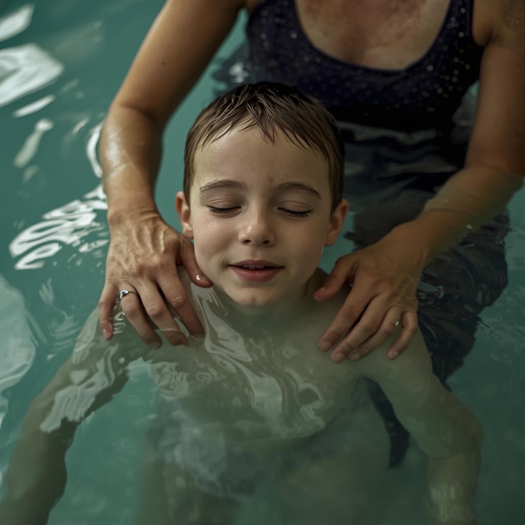 lucid origin child with disability floating in warm water with 0