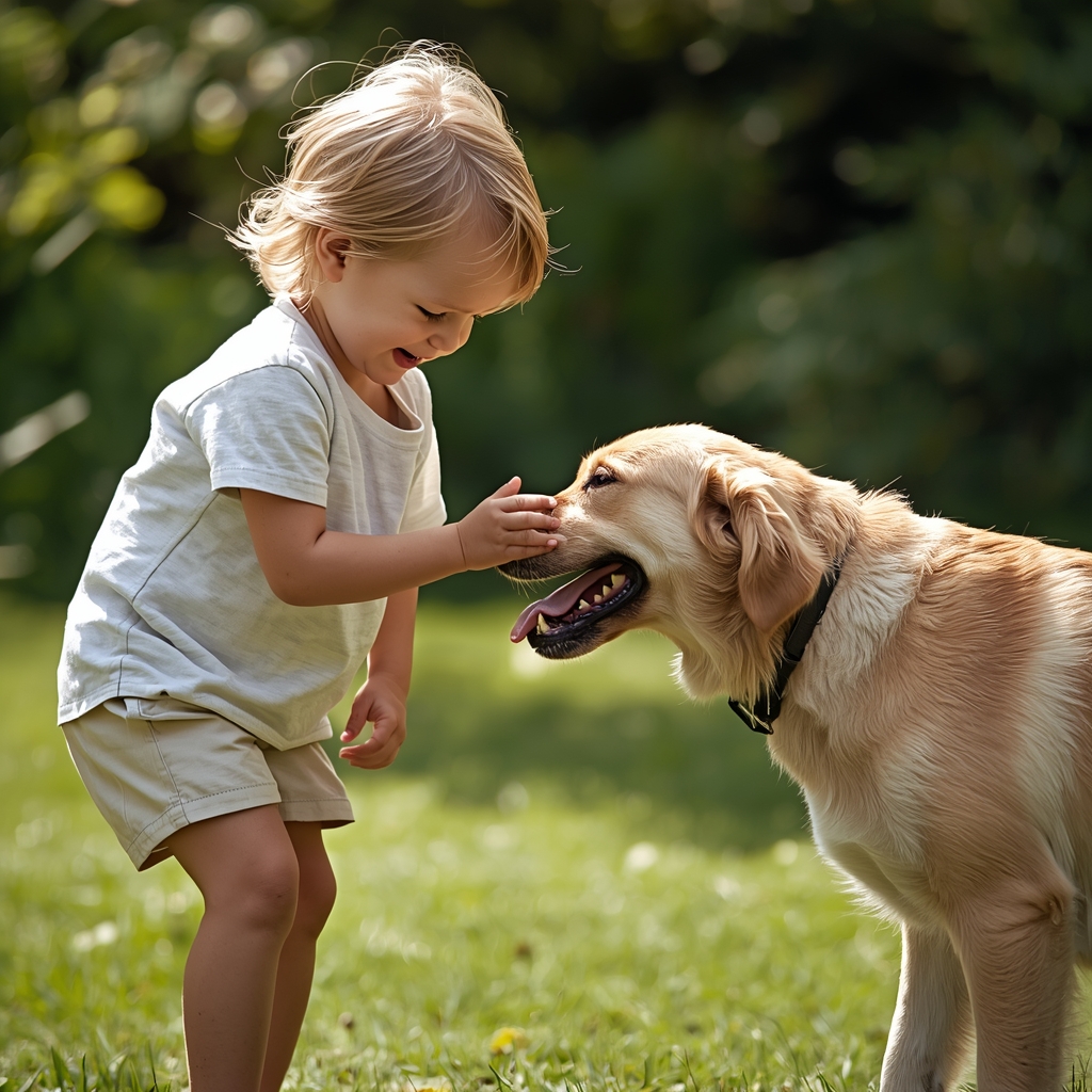 lucid origin child playing softly with a friendly dog natural interaction laughter movement o 0