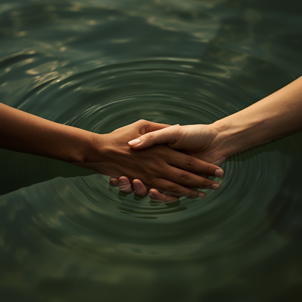 lucid origin two hands meeting in water one adult and one child soft ripples around symbolic 0